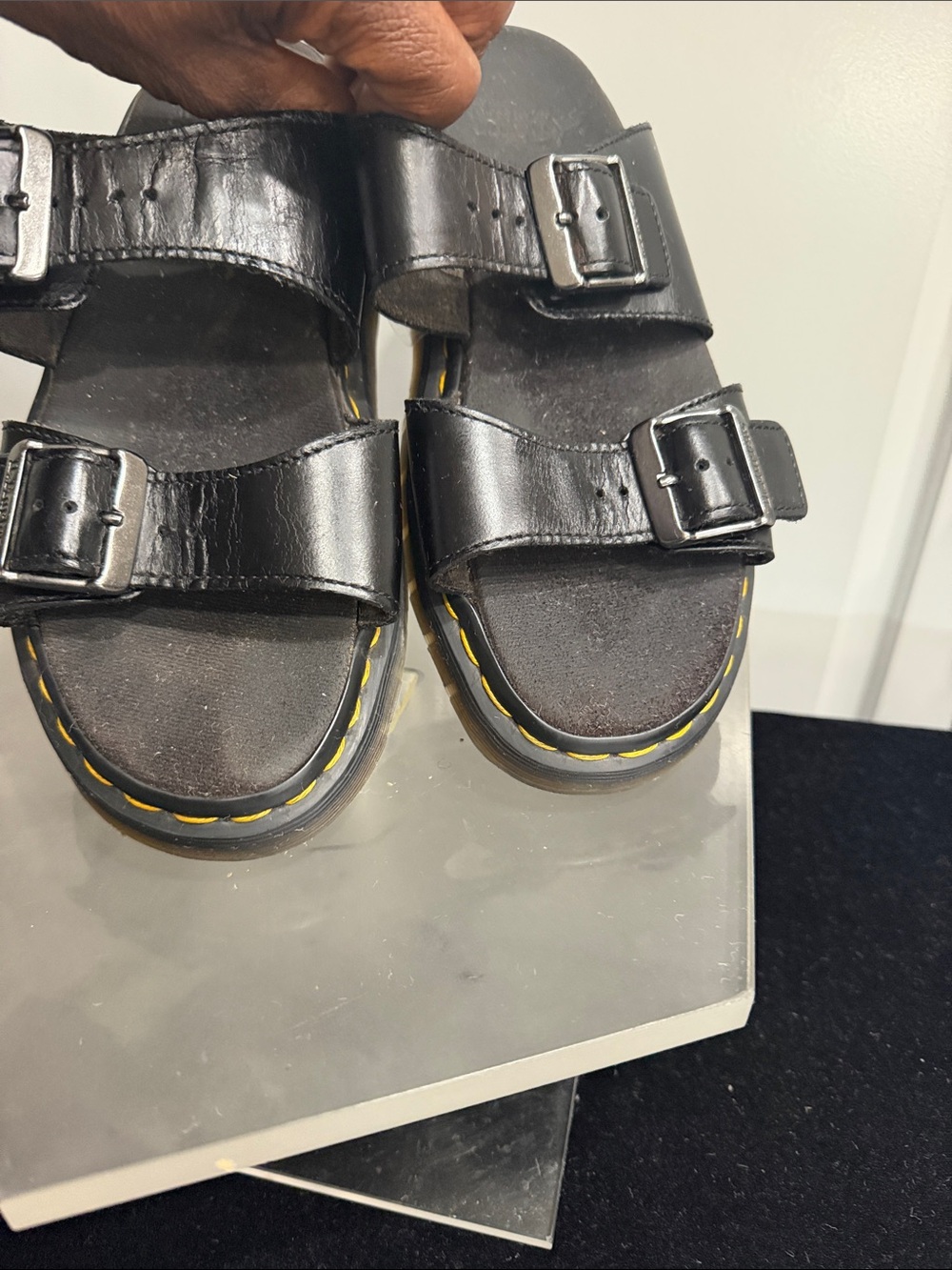 Dr. Martens Black Double-Buckle Slide Sandals with Yellow Stitching Sz 7